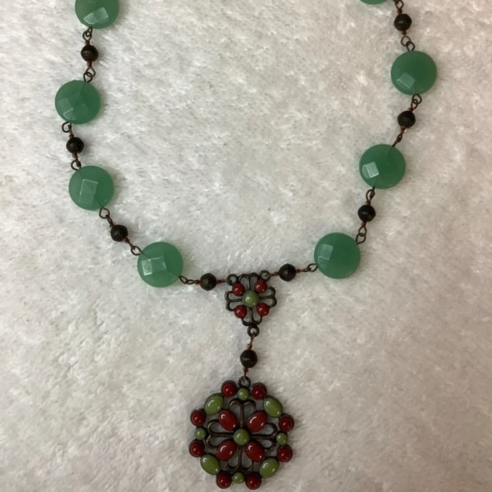 Vintage Green & Red Cabochon Brass Filigree jewelry set earrings & necklace
